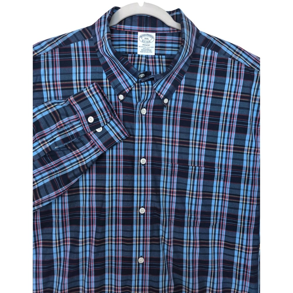 Brooks Brothers Shirt Mens 2XL Blue Plaid Long Sleeve Button Down Non-Iron